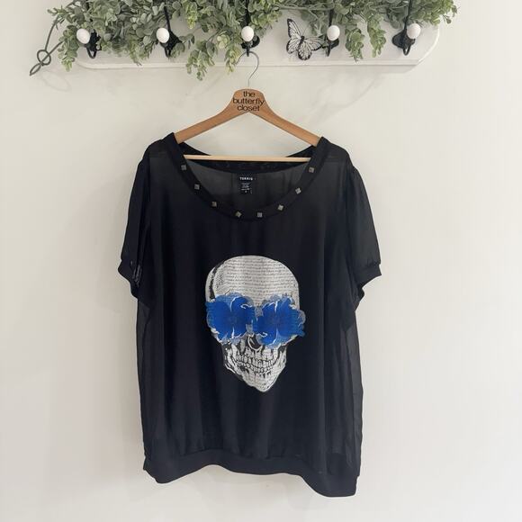 Torrid Skull Print Studded Chiffon Blouse 3X Blue Floral 20-3124 - Picture 1 of 4